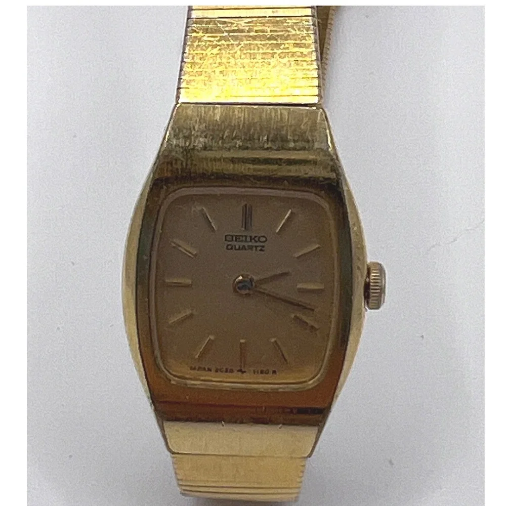 Seiko Watch Womens OS Gold Good Vintage Quartz Tonneau 2C20-5559 Safety Chain